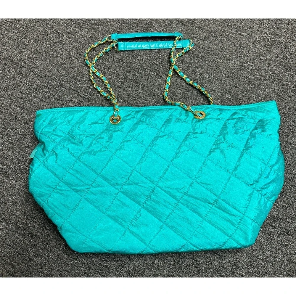 Vintage 80's Babies Alley Diaper Bag Quilted Teal Green Retro Tote Chain Straps